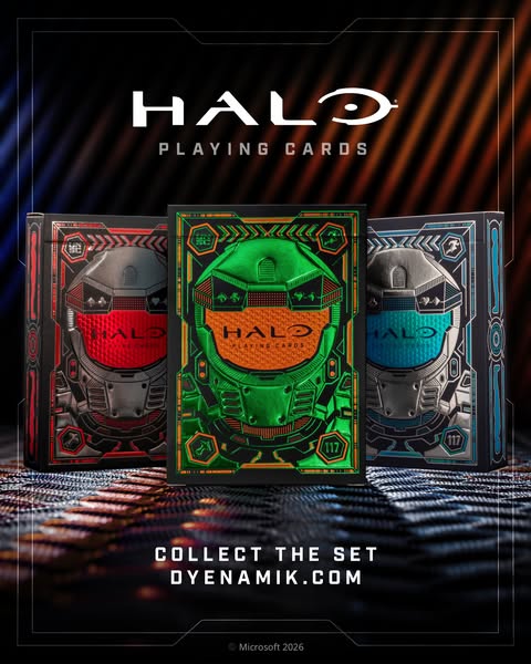 Finish the fight, then deal the next hand. The Halo Playing Cards are live on dyenamik.com. Three collectible colourways with premium foiling and hand illustrated cards – each deck featuring a different Master Chief s…