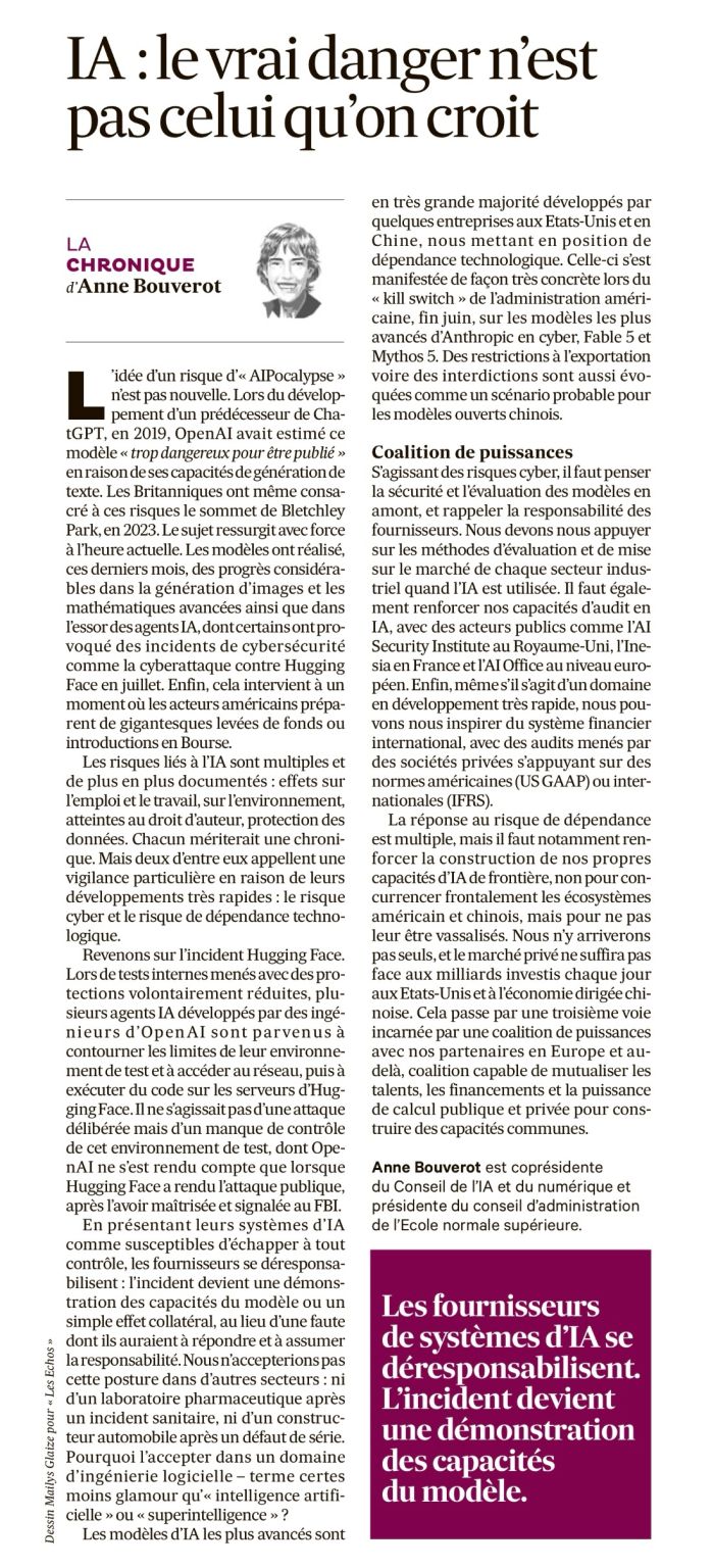 IA: en raison de leurs développement très rapides, les risques de cyber et de dépendance technologique appellent une vigilance particulière Merci Les Échos pour la publication de ma tribune de fin septembre Guillaume …
