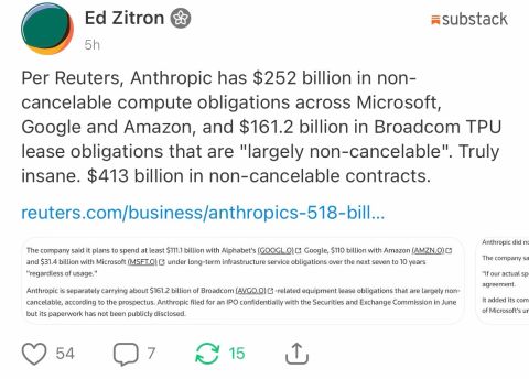 Finally Ed Zitron chimed in. Just as a reminder, for 2025 it was: Revenue 2025: ~$4.6B (12x) Operating loss: $8.06B (incl. $7.33B compute spend) I wish there was a Finance Realist who would explain why companies sign …