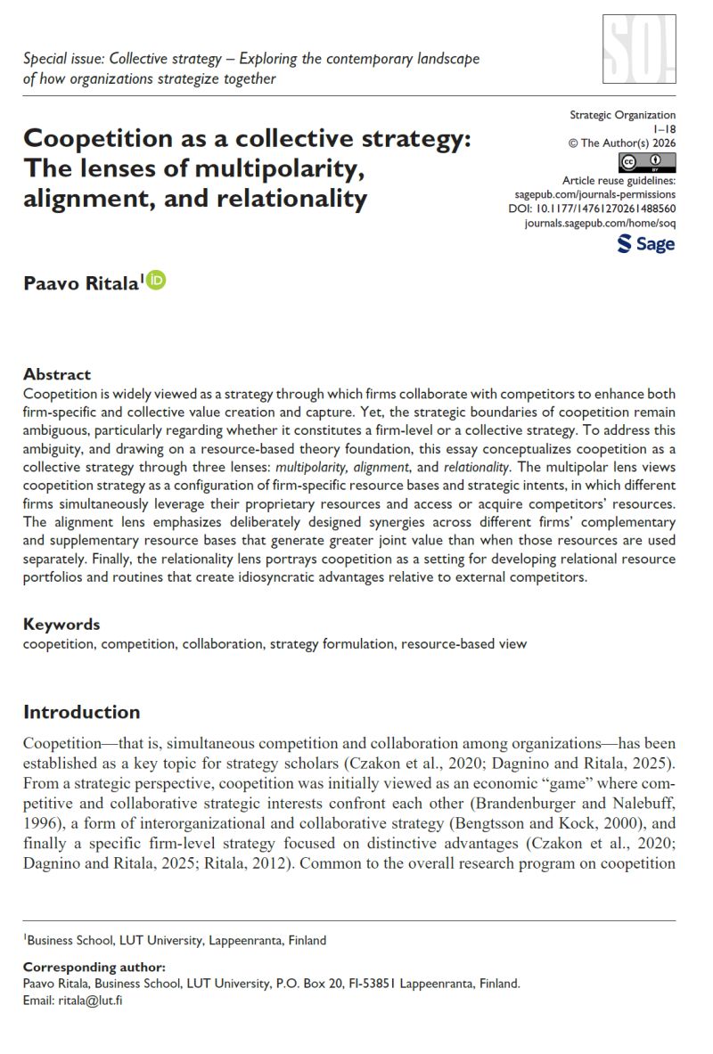 Writing something as a solo-authored piece is very introspective. This new article is especially so. I started my research career as a young research assistant in 2006, studying the phenomenon of "coopetition" (collab…