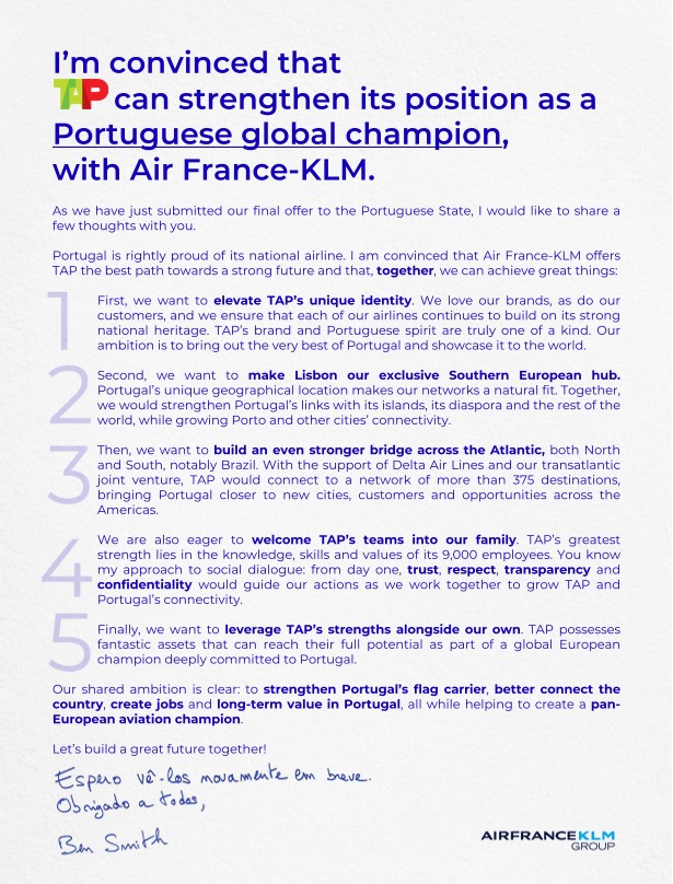 I would like to share a few thoughts with you on Air France-KLM's project for TAP Air Portugal as we have just submitted our final offer to the Portuguese State ⬇