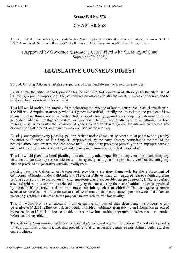 #California just made #AI #rules for #lawyers and #arbitrators binding law. On 30 September 2026, Governor Newsom signed **SB 574 (Umberg)**. While many jurisdictions still rely on soft-law guidance, California now pu…