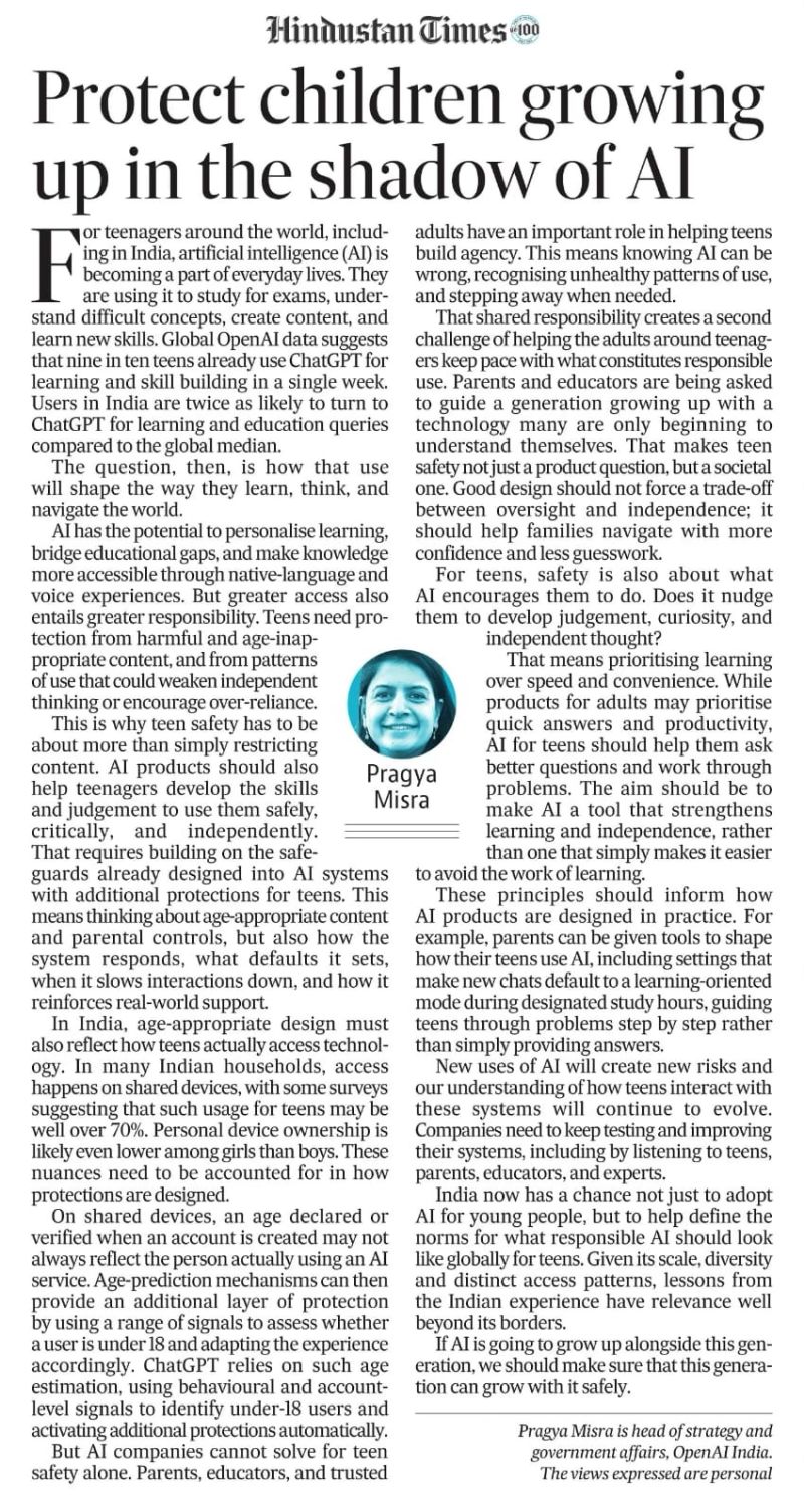 As teenagers increasingly grow up with AI, parents and educators need the support to understand and guide how it is used. Keeping young people safe cannot be the responsibility of technology companies alone. It requir…