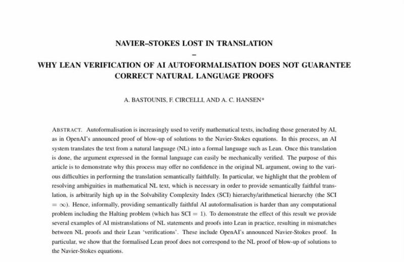 OpenAI’s Navier Stokes proof is a hallucination in natural language, this paper shows what OpenAI published in English isn’t what they verified in Lean. Andres (paper PI) and I were on a call yesterday where he showed…