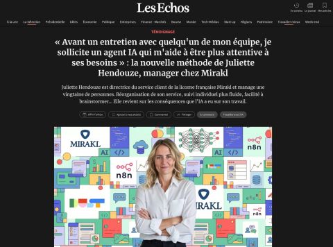 Cette semaine, Mirakl est à la une des Les Echos à travers le témoignage de Juliette Hendouze. J’en suis particulièrement fier! Avant chaque entretien individuel, Juliette s’appuie sur un agent IA pour préparer ses éc…