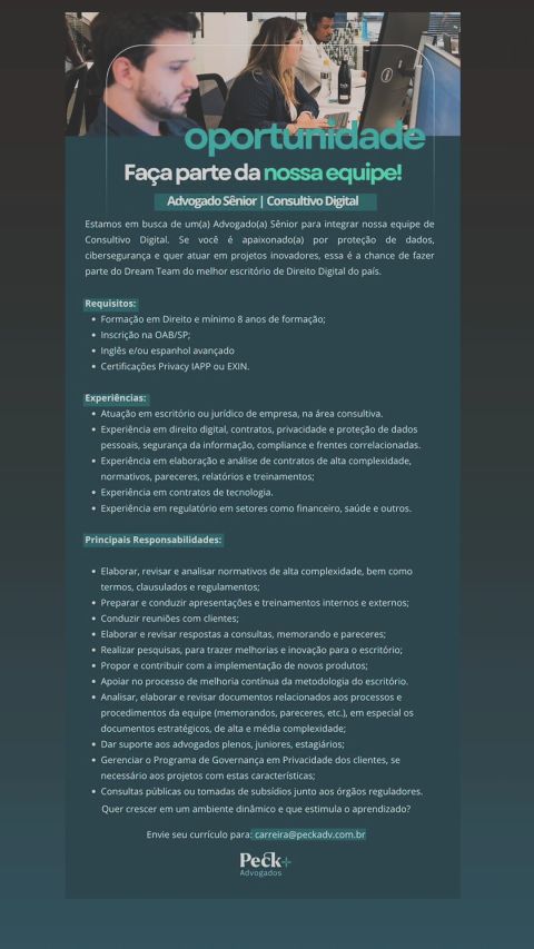 Se você é apaixonado por Direito e Tecnologia, venha fazer parte do nosso Dream Team. Abrimos processo de seleção para 2026-2027. Envie seu CV para: carreira@peckadv.com.br #direitodigital #carreira #talento #tecnolog…