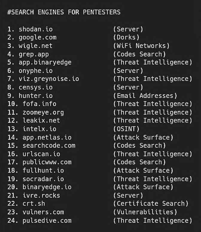 🚨 SHARE SOMEONE NEEDS IT 🚨 🟢 Top 24 Search Engines Every Pentester & Bug Hunter Should Know! ⭕Follow me on YouTube: https://lnkd.in/djcYzhYV ⭕Follow me on Instagram: https://lnkd.in/d7nmPp6t ⭕watch my new video abo…
