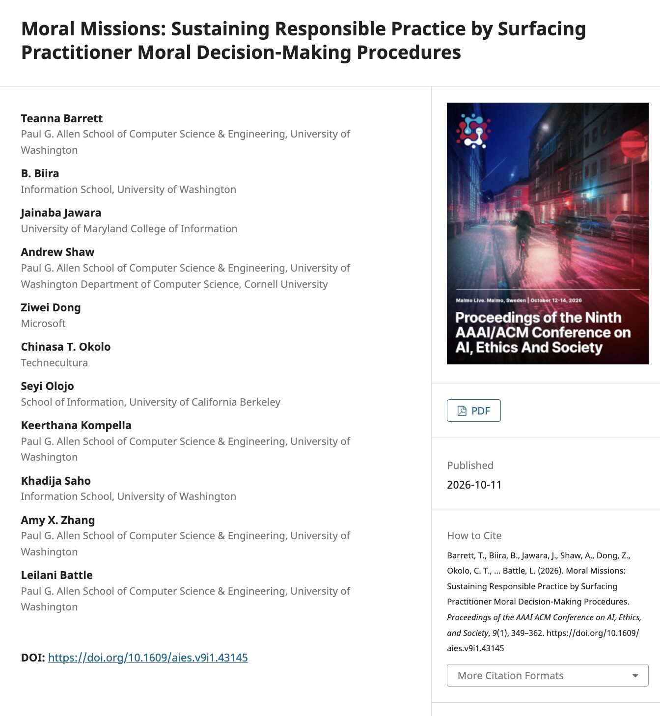 Our new paper, "Moral Missions: Sustaining Responsible Practice by Surfacing Practitioner Moral Decision-Making Procedures", was published at the 2026 AAAI/ACM Conference on AI, Ethics, and Society (AIES)! https://lnk…