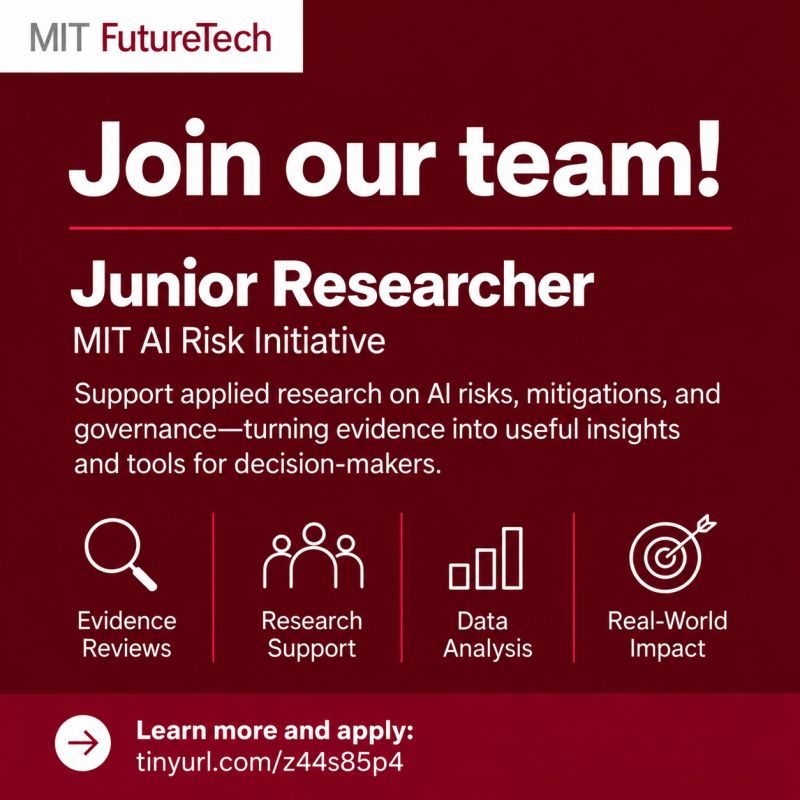 Come work with me! We’re hiring a early-career researcher to join the MIT AI Risk Initiative at MIT FutureTech. You'll help us answer important practical questions: What are the most significant risks from AI? Which m…