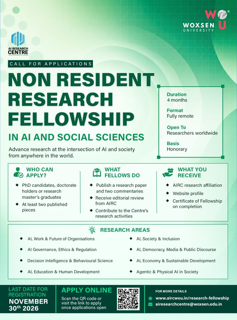 Call for Non-Resident Research Fellowship 2027 Your location shouldn’t limit your research. Your ideas shouldn’t stop at disciplinary boundaries.How is AI reshaping the way we work, learn, make decisions, and particip…