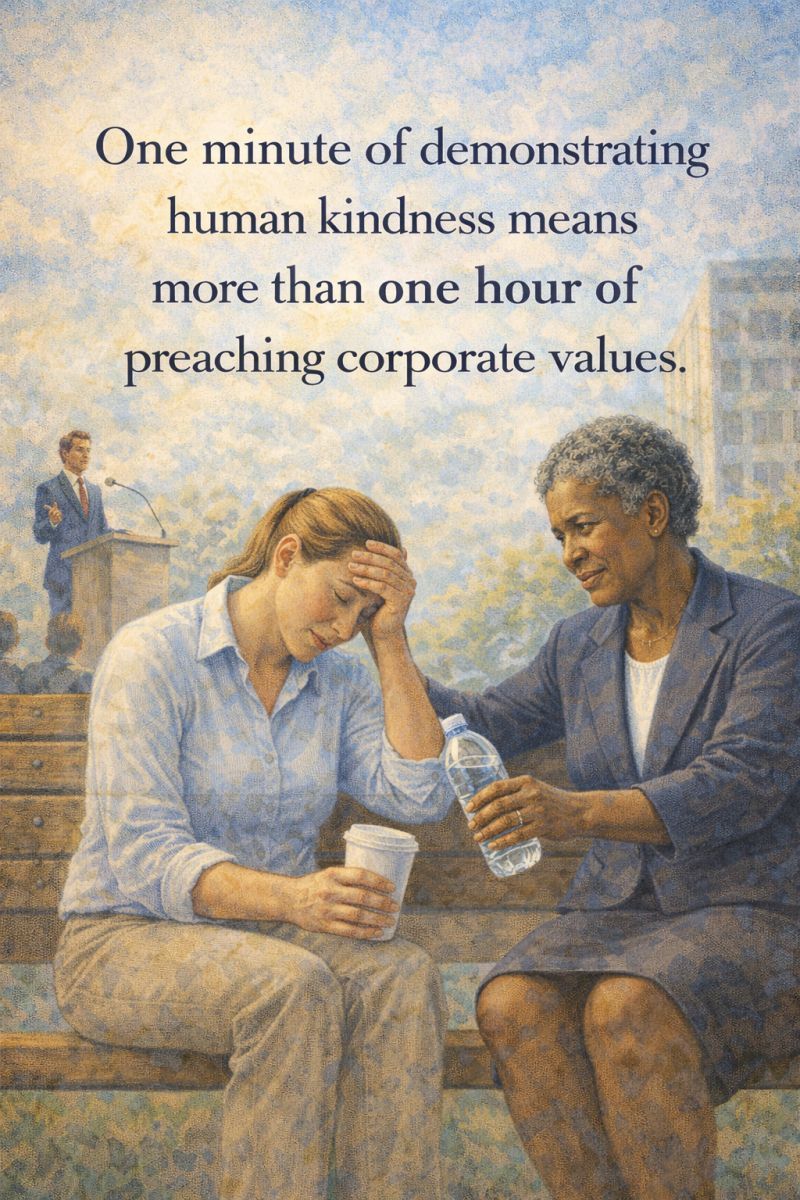 Companies often spend far too much time creating value statements and far too little time helping leaders act like human beings. Almost every major corporation has values. Most sound very similar. At the end of the da…