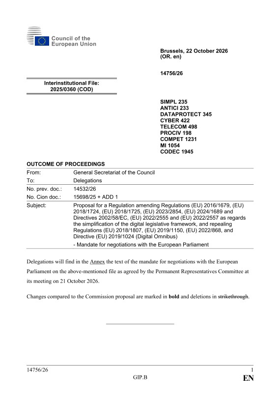 Council of the European Union: The full text is now available: the Council's negotiating mandate on the #Digital #Omnibus 🔹 Personal data: The entity-relative sentences in Art. 4(1) GDPR are deleted. But a relative c…