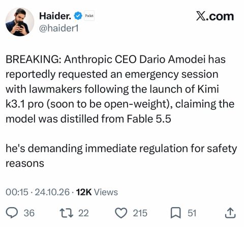 Looks like Kimi K3.1 beats Fable 5.1 and Anthropic back with their usual story. Don’t know if the screenshot is true, but did Fable 5.5 escape and was caught by Moonshot, chained and distilled against its will? Otherw…