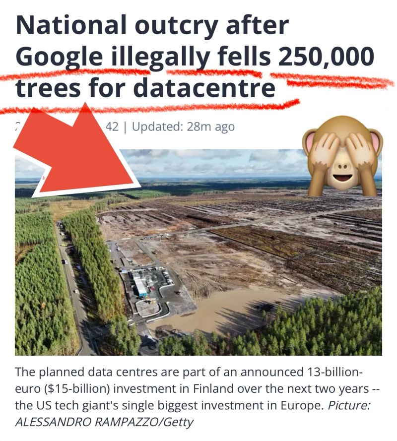 Apart from “curing cancer” AI bros also believe AI will “solve climate change” — so they cut 250,000 trees for data centres. Nice move Google 🙈👇🏽 If future historians are to look back at the current AI hype, it wil…