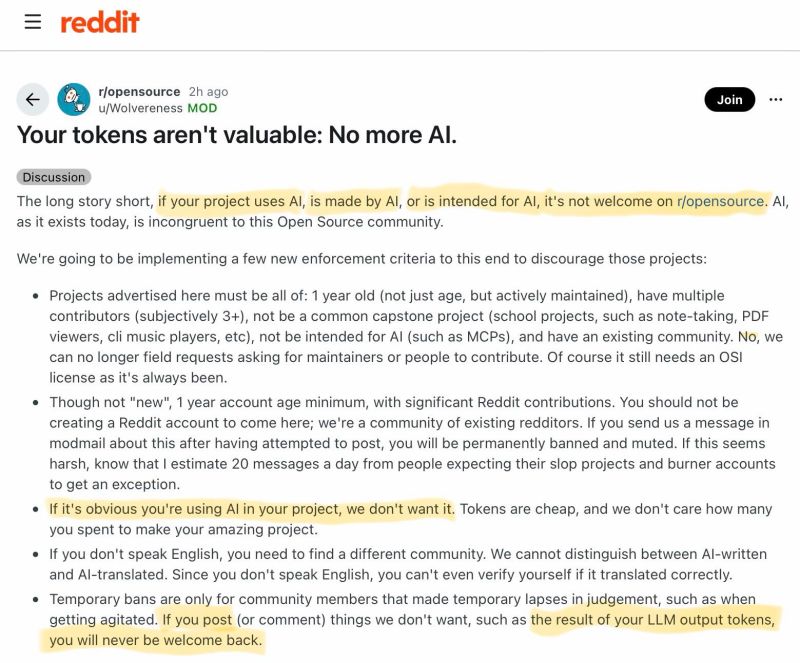 Reddit’s r/opensource has banned projects that use AI. If you’re a coder who refuses to use AI, sits in an IDE manually typing out every function, writing every test, and searching Stack Overflow to figure out how to …