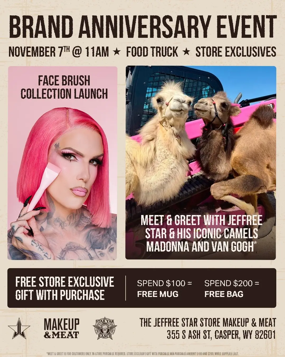 We're celebrating 12 YEARS of JSC in a huge way! 🎉 ⁠ ⁠ The Details ⤵️⁠ 📍 Where: 355 S Ash St, Casper, WY 82601 ⁠ ⏰ When: November 7th starting at 11 AM ⁠ 🐫 Meet & Greet with Jeffree Star and his Camels ⁠ 🛍️ FREE S…