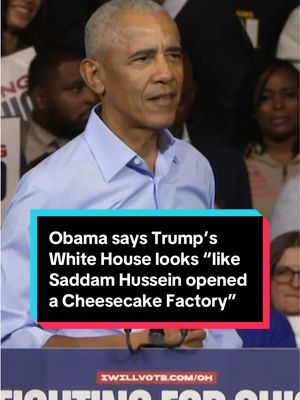 Former President Barack Obama criticized President Trump’s ongoing White House renovations, saying that it looks “like Saddam Hussein opened a Cheesecake Factory” as he returned to the campaign trail in Cleveland, Ohi…