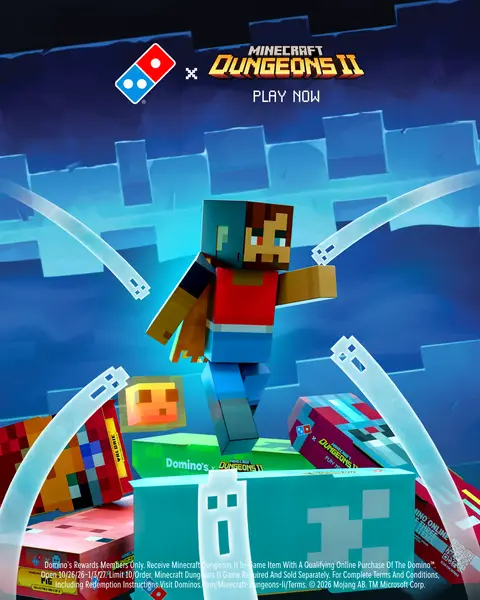 You can now fuel up for battle in Minecraft Dungeons II. Order a Domino™ online or in the app and collect all 6 boxes + unlock 1 of 3 exclusive in-game items as a Domino’s Rewards member!