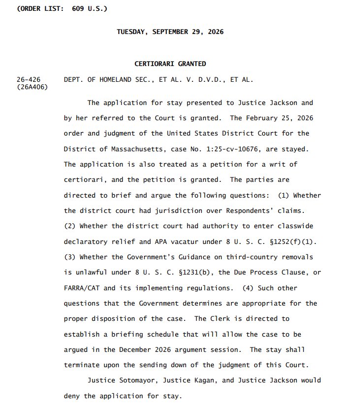 Now for the second time, SCOTUS just granted our stay in conducting all third-country removals of illegal aliens. Again, this is entirely lawful and a critical tool for immigration enforcement. Unlike the lower court,…