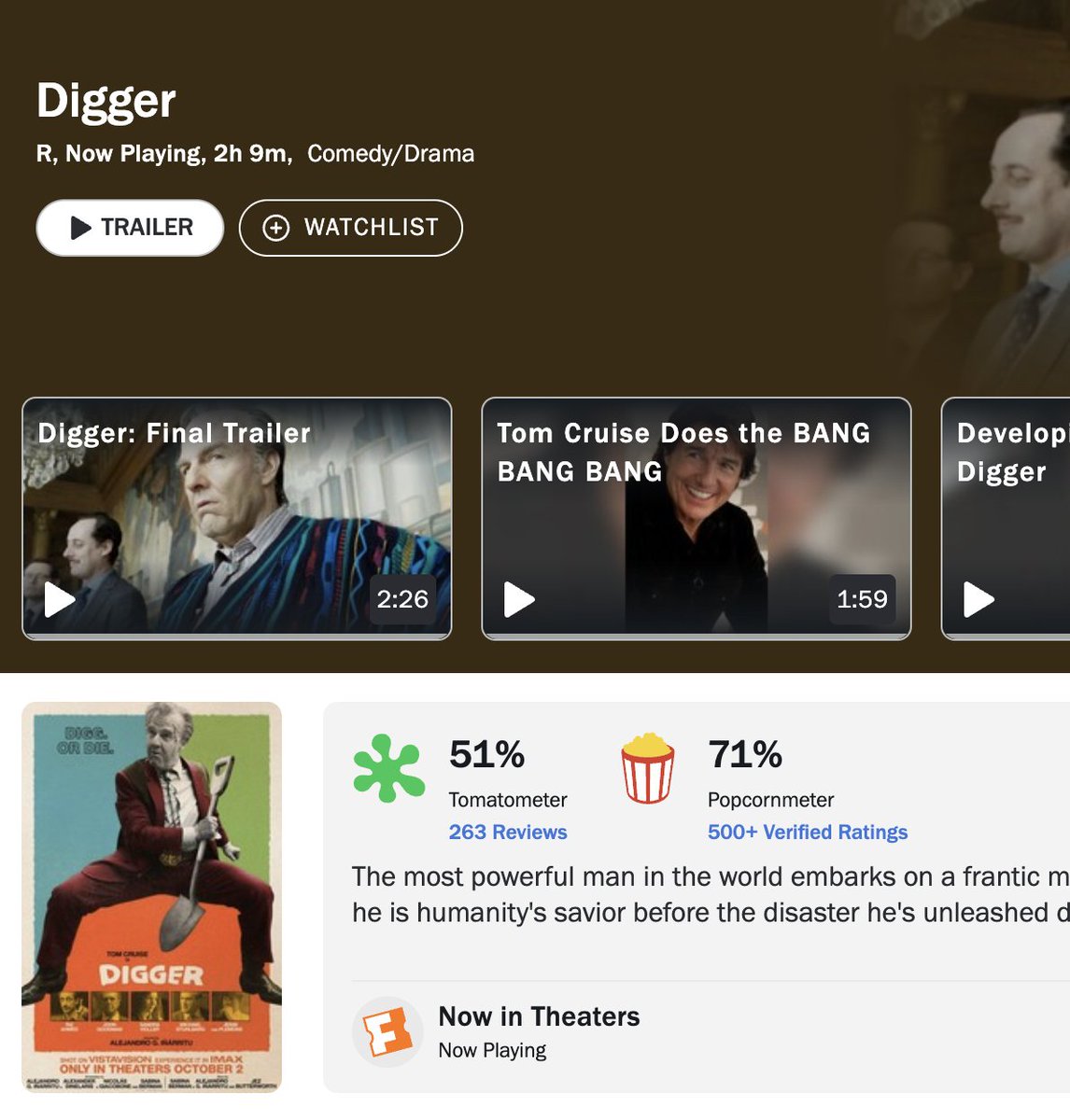 I think Digger's low review score is a reflection of the academic collapse of humanity in general. The movie is a risky achievement in telling the truth about how we use art to justify our lack of action. But... it ta…
