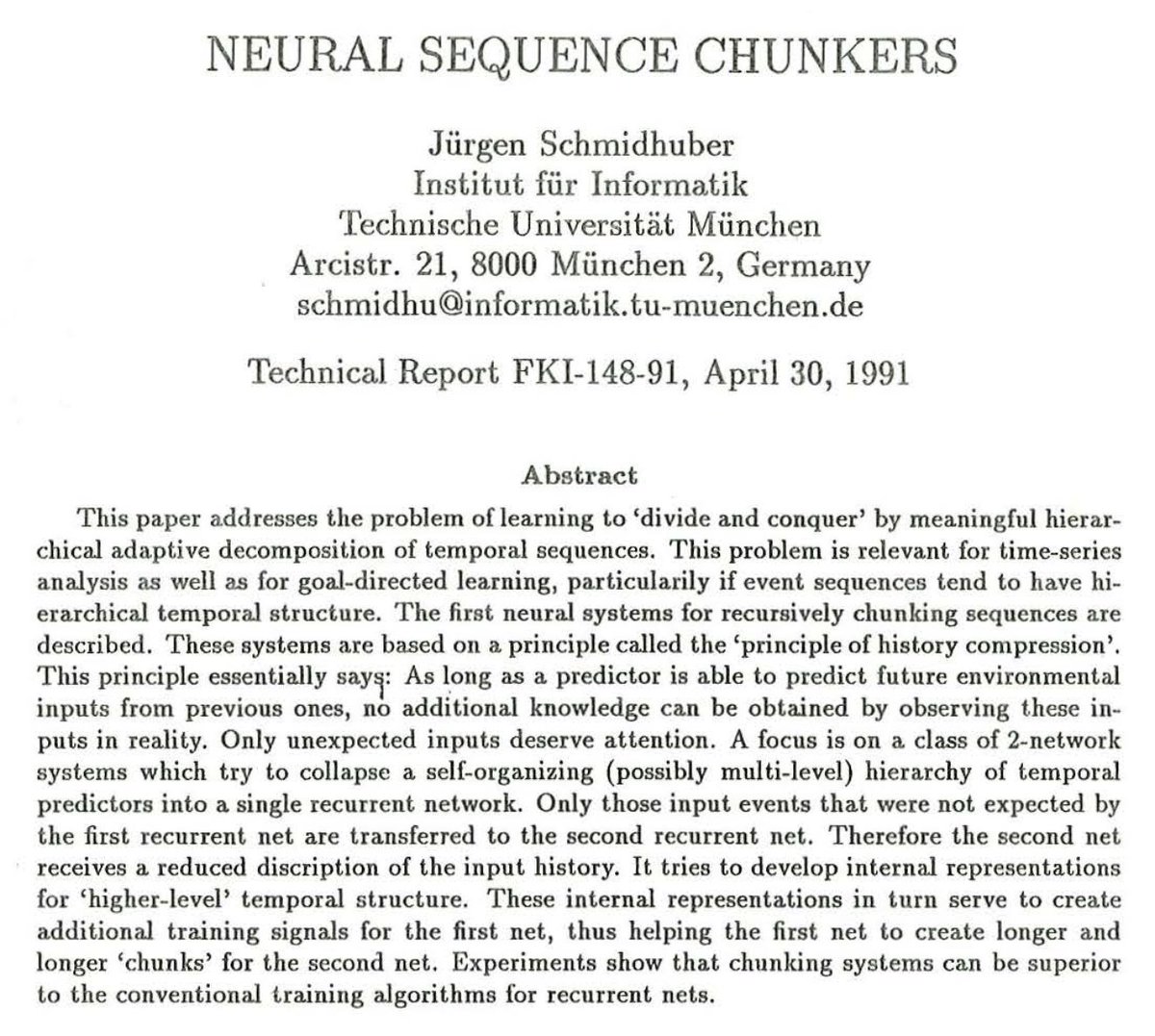 My 1991 paper [1] introduced 3 techniques that have become essential for modern large language models: ★ Pre-training for deep neural nets - the P in ChatGPT ★ Positional encoding (Sec. 5.1) ★ Distilling the knowledge…