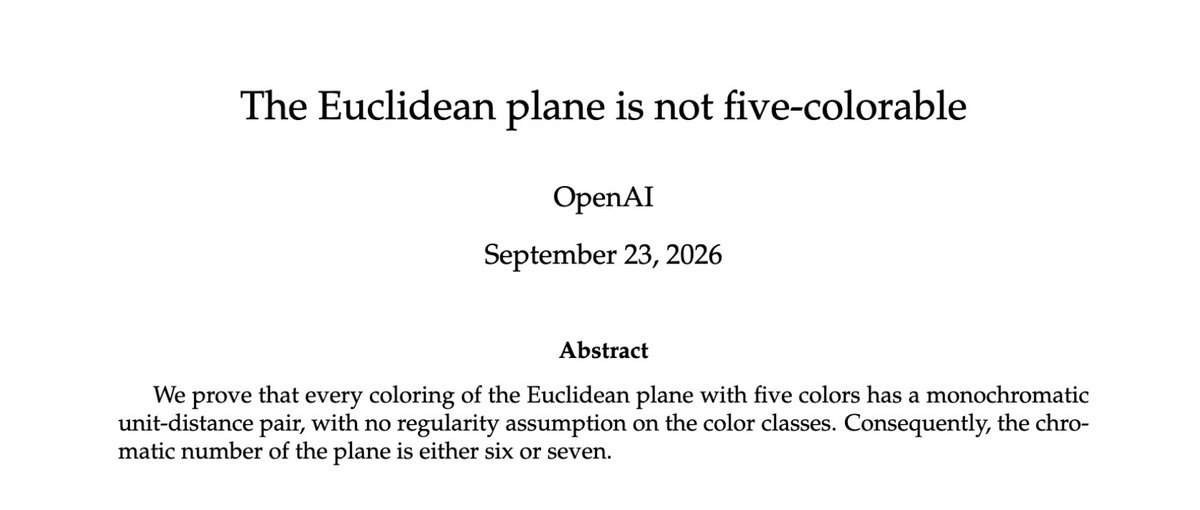 I probably spent 300 billion tokens on Hadwiger–Nelson problem (GPT-5.6 and Astra) and got absolutely nothing - and here it is, five-colours is no go, lower bound has moved to 6 or 7. Not a full solution yet, but it's…