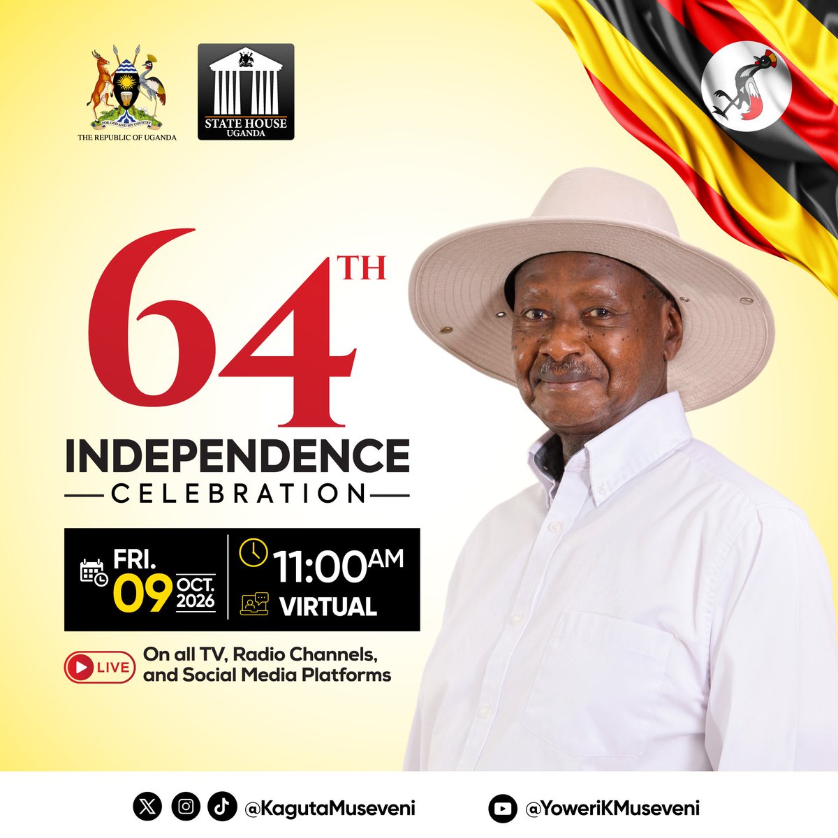 Fellow Ugandans, especially the Bazzukulu, join me tomorrow at 11:00am as we celebrate our 64th Independence Day and reflect on our journey as a country. https://t.co/GBYIvVvhDz