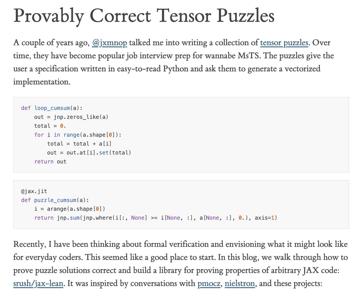 Provably Correct Tensor Puzzles (https://t.co/099ugHOGBy) In which we formally verify Python ML code by building a Jax-Lean transpiler. https://t.co/co3x6Yykw4