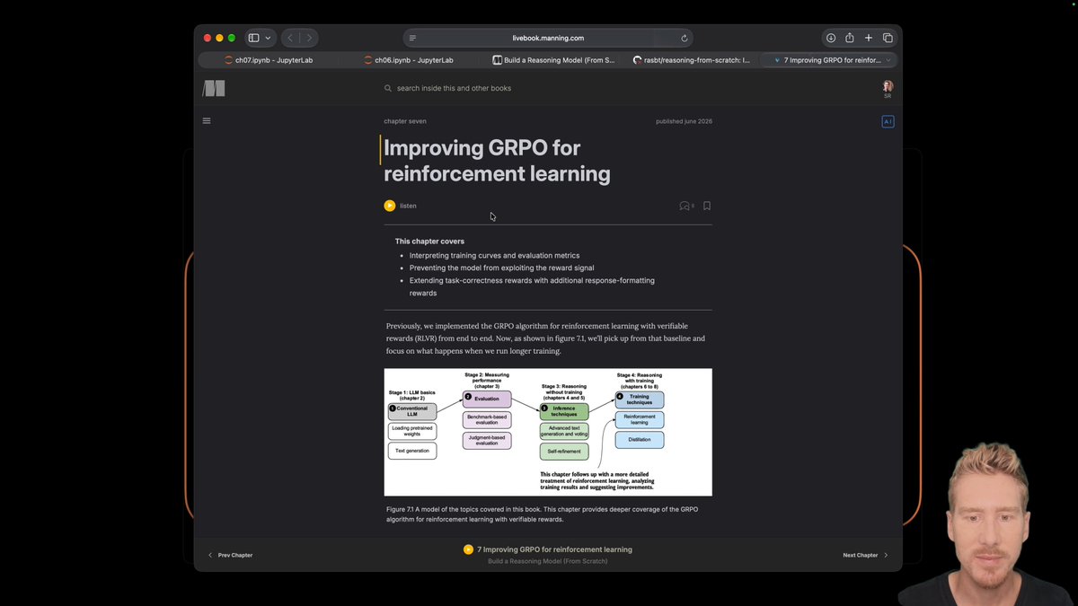 Reasoning From Scratch: Reinforcement Learning with Verifiable Rewards (RLVR) round 2. Covering clipped policy ratios, KL loss term, format rewards, and other GRPO tips &amp; tricks. 00:00 Introduction and recap 01:52…