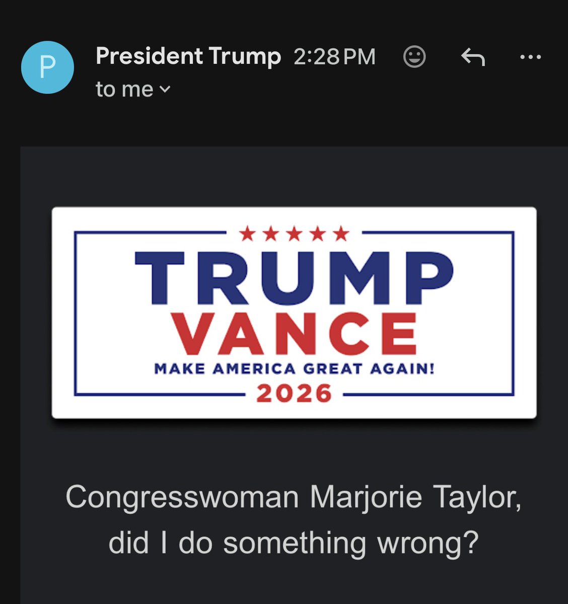 Oh he sent me an email, I think I’ll respond. So yes, actually you did do something wrong President Trump, let’s first start with your broken campaign promises. You protected your pedophile rapists friends instead of …