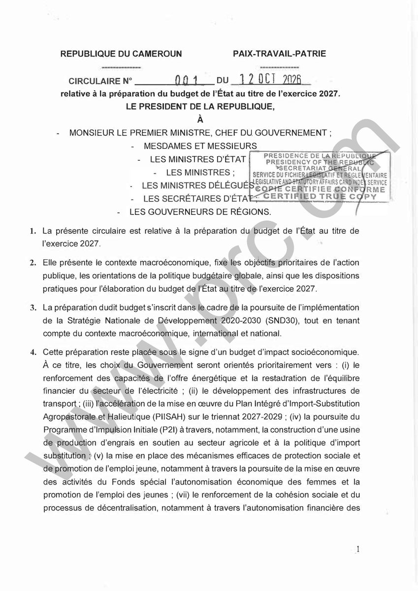Circulaire relative à la préparation du budget de l’Etat au titre de l’exercice 2027 #PaulBiya #Cameroun 1/6 https://t.co/Tq0ihzext2