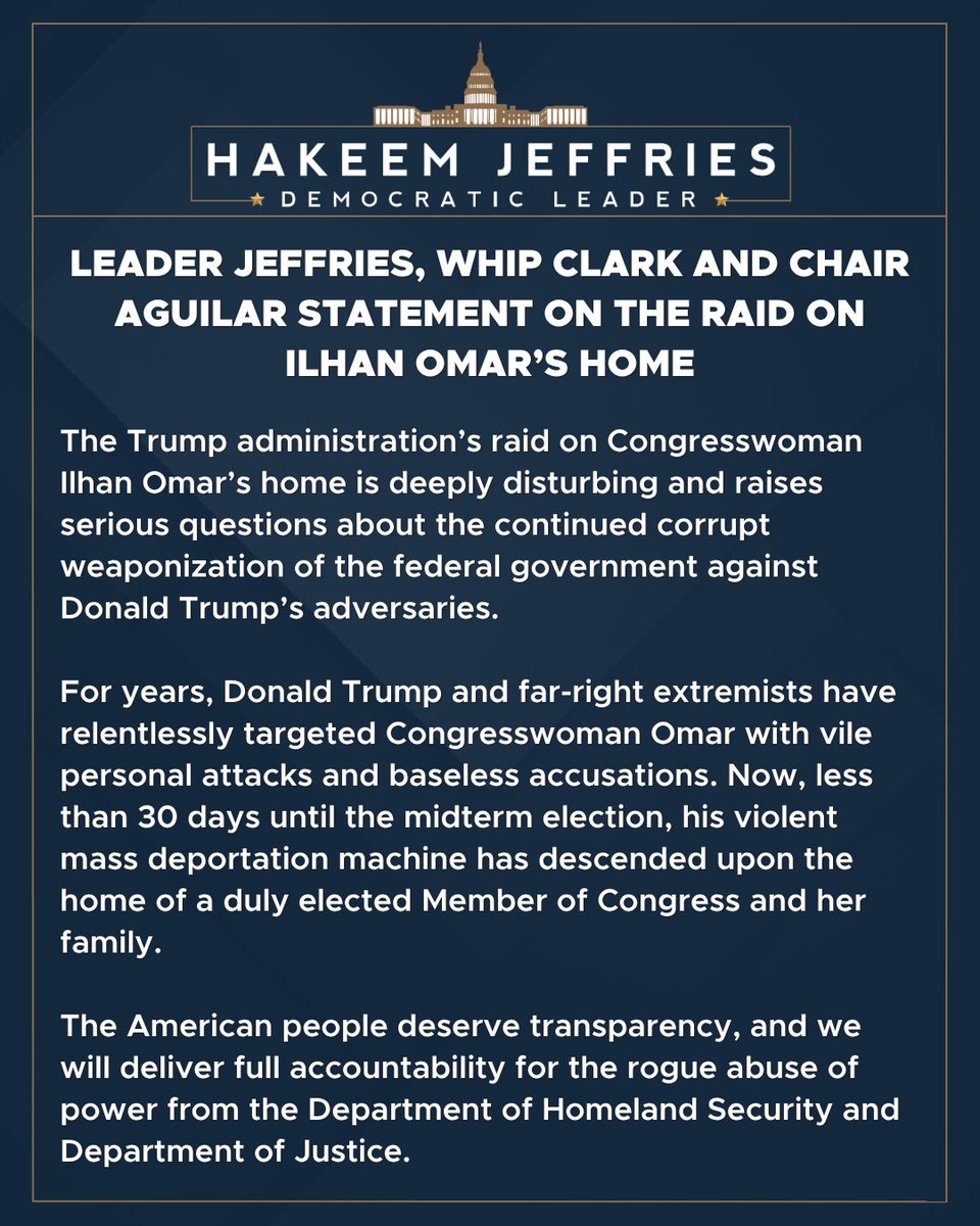 Statement in connection with the egregious raid on Rep. Ilhan Omar’s home. https://t.co/pLxEZvR4sw