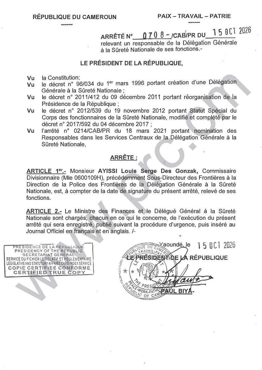 Arrêté relevant un responsable de la Délégation Générale à la Sûreté Nationale de ses fonctions. #PaulBiya #Cameroun https://t.co/bG0nffa8Ja