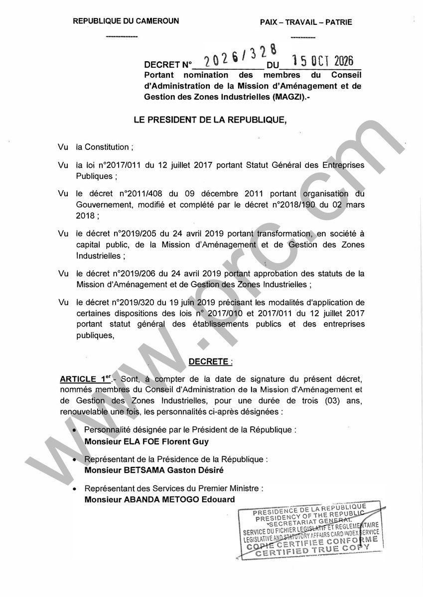 Décret portant nomination des membres du Conseil d'Administration de la Mission d'Aménagement et de Gestion des Zones Industrielles (MAGZI). #PaulBiya #Cameroun https://t.co/t84u2kdB1f