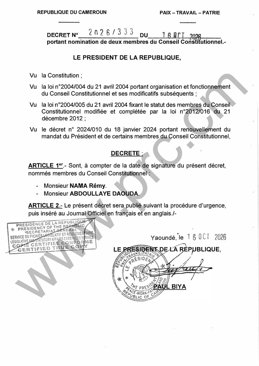 Décret portant nomination de deux membres du Conseil Constitutionnel. #PaulBiya #Cameroun https://t.co/kZ4CHVBZJA