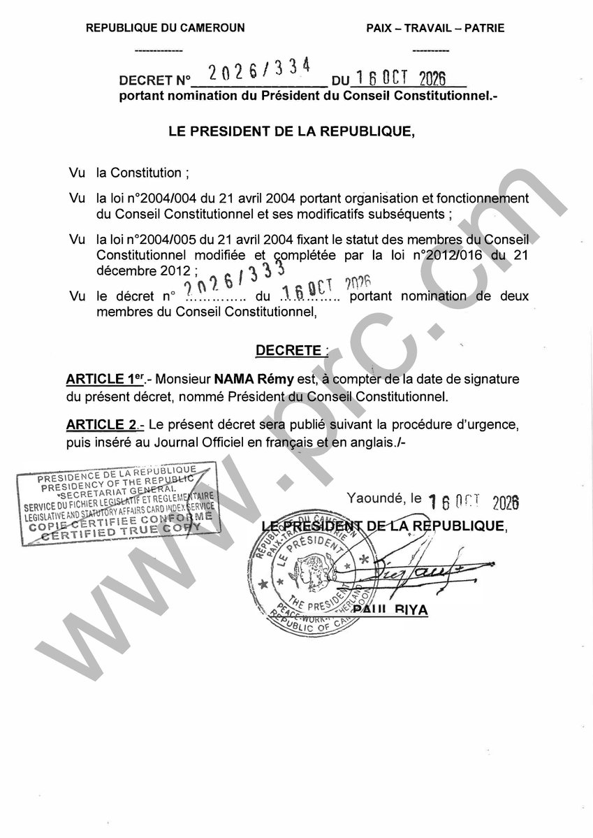 Décret portant nomination du Président du Conseil Constitutionnel. #PaulBiya #Cameroun https://t.co/5rEJJL55Sv
