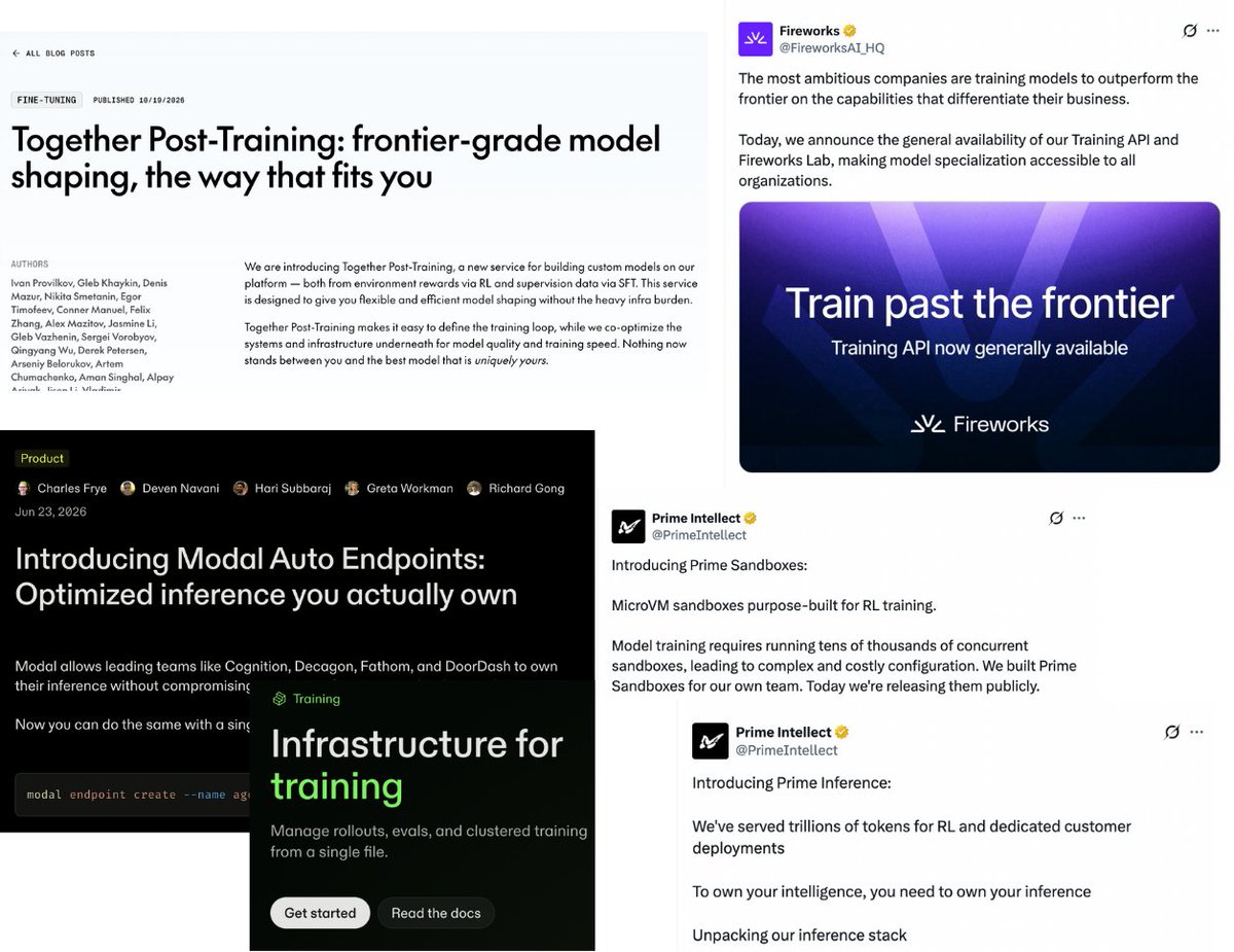 Are all the neolabs converging on the same thing? @togethercompute started with inference and is now offering sandboxes and RL training @FireworksAI_HQ AI started with inference and is now offering RL training @PrimeI…