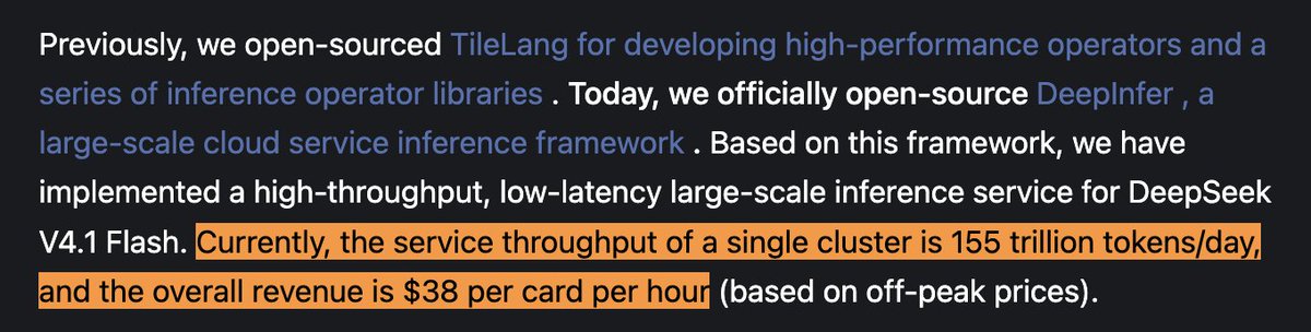 “A single cluster currently serves 155 trillion tokens/day, generating $38 in revenue per GPU-hour (at off-peak pricing).” Huge flex from DeepSeek. Not only did they open-source their inference engine, but they also o…