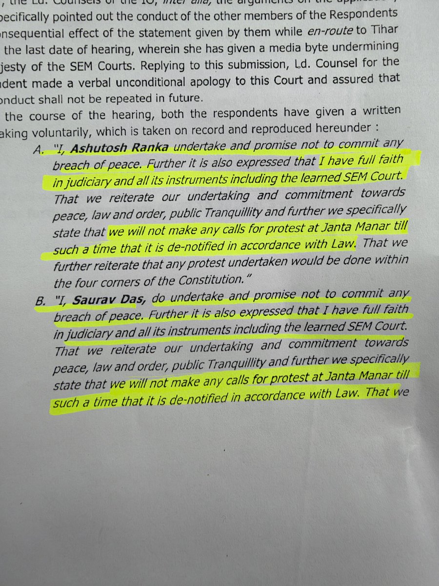 Saurav Das and Ashutosh Ranka gave this undertaking to the court to get bail: "We will not make any calls for protest at Jantar Mantar till it's de-notified in accordance with law." Before anyone denies it, the record…